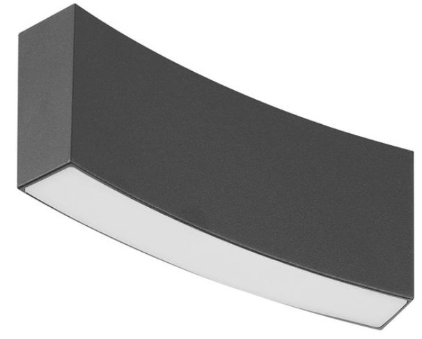 Dark gray, curved outdoor wall light with a white, downward-facing light source.