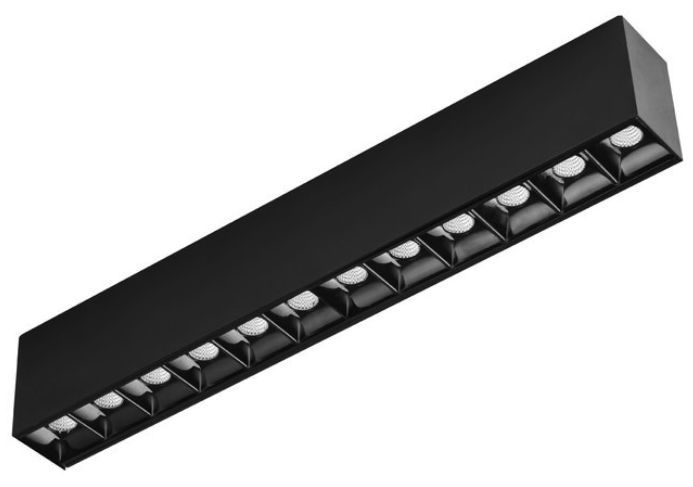 Black rectangular LED track lighting fixture with multiple light bulbs.
