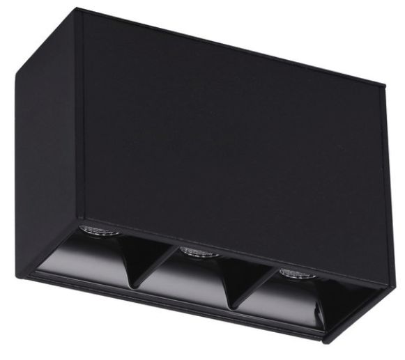 Black rectangular wall-mounted light fixture with three recessed lights.