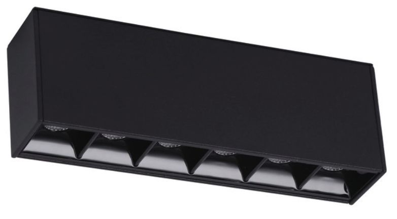 Black rectangular LED ceiling light fixture with seven recessed lights.