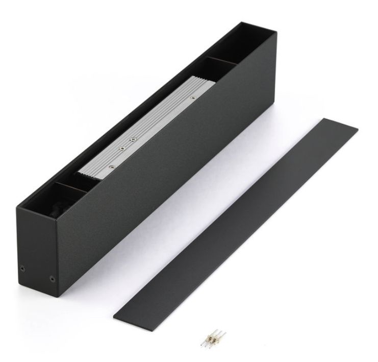 Black rectangular LED light fixture with a cover and screws.