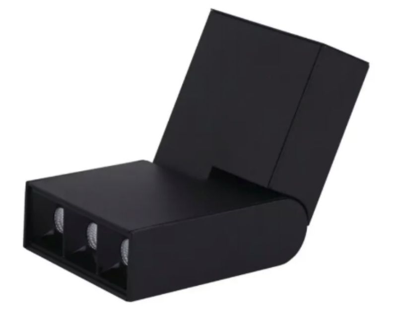 Black watch display case with lid open, revealing three watch slots.