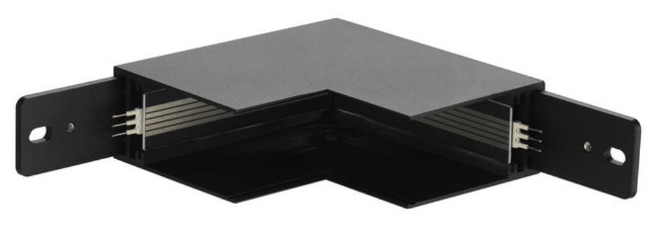 Black L-shaped electrical track connector with two mounting tabs.