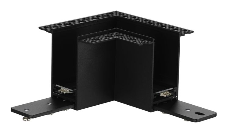 Black cable management corner bracket for organizing wires.