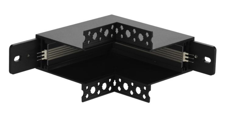 Black metal corner bead for drywall, with perforated flanges for plastering.