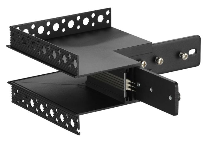 Black metal mounting bracket for a computer component.