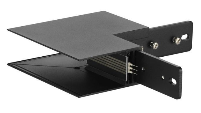 Black L-shaped metal shelf bracket with mounting plates.