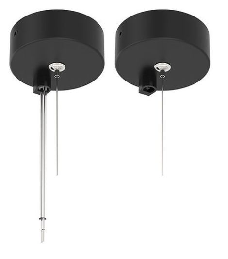 Two black ceiling-mounted light fixtures, each with a cylindrical base and a thin, hanging rod. One has two rods.