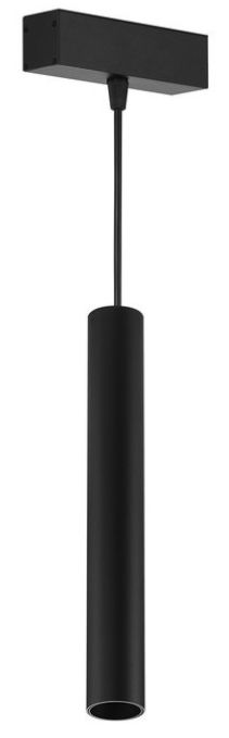Black cylindrical pendant light hanging from a rectangular ceiling fixture.