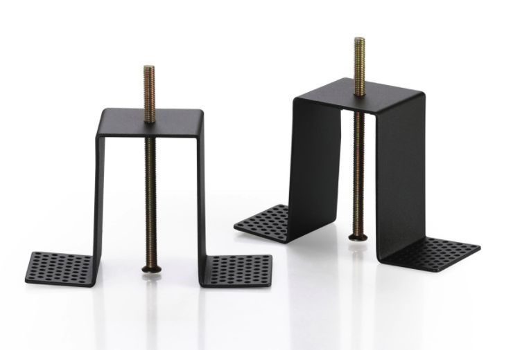 Two black metal bracket feet with threaded rods for furniture or equipment mounting.