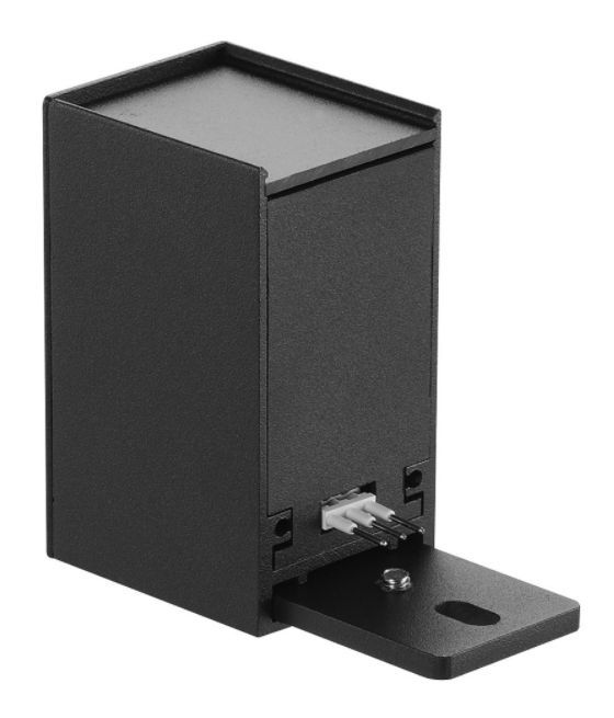 Black rectangular electronic device with a sliding base and wires protruding.