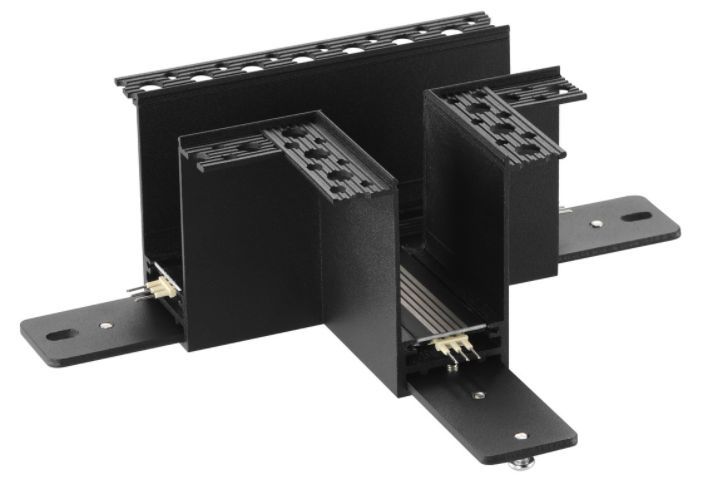 Black metal server rack component with mounting brackets and slots for equipment.