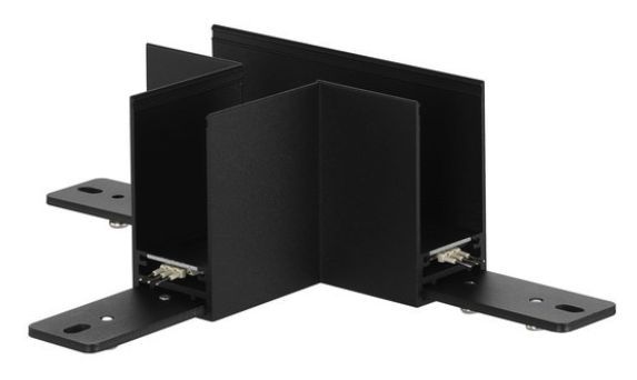 Black metal cable management bracket with four intersecting channels and mounting tabs.