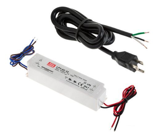 White LED power supply with attached wires, black power cord with plug.