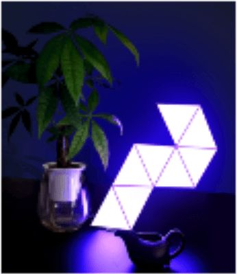 Triangular LED lights illuminate a dark room with a plant and teapot.
