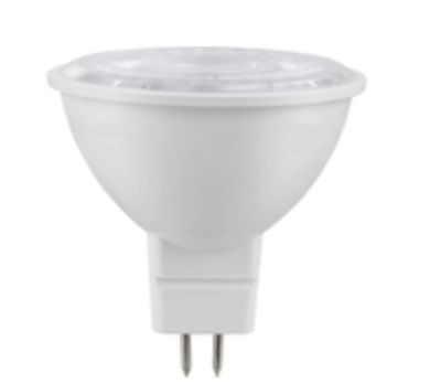 White MR16 LED spotlight bulb with two pins.