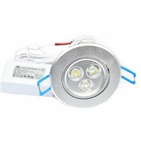 Silver recessed LED spotlight with power supply.