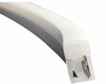 Close-up of a white, curved washer door seal with metal clips attached to the corner.
