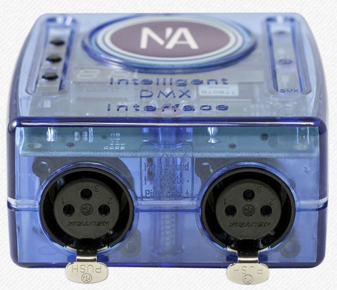 Blue DMX interface with two XLR connectors.