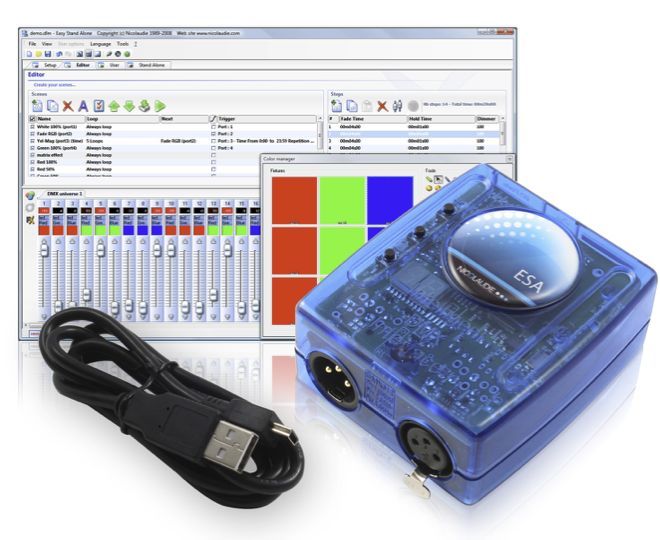 A USB-connected DMX lighting controller with software interface for stage lighting control.