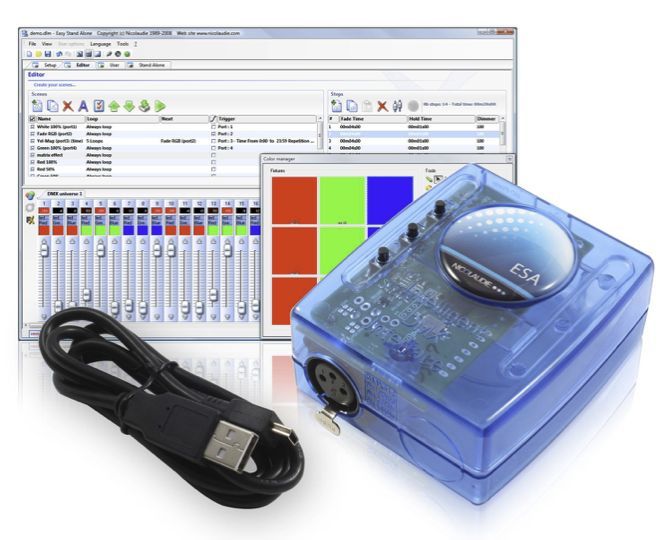 A blue ESA DMX interface, USB cable, and software UI for lighting control.