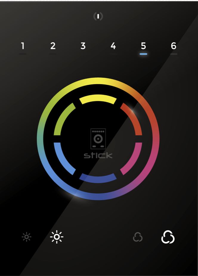 Black touch panel with color wheel and six numbered buttons for smart lighting control.