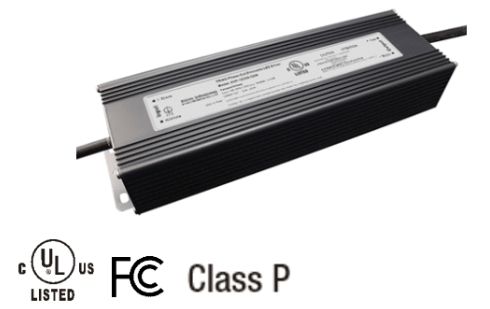 Black LED driver, rectangular with fins, cULus Listed, FCC, Class P.