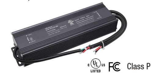 Black rectangular LED driver with wires and certification logos.