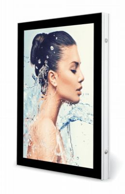 Woman with water splash in a lighted advertising display with black frame and white side.