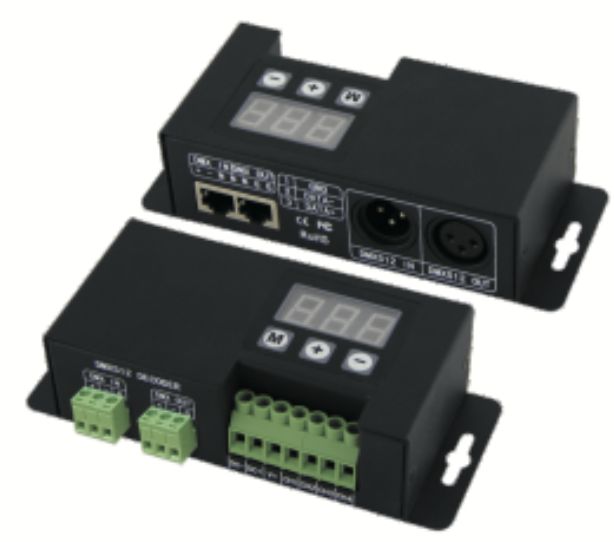 Two black DMX controllers with digital displays, buttons, and various input/output ports.