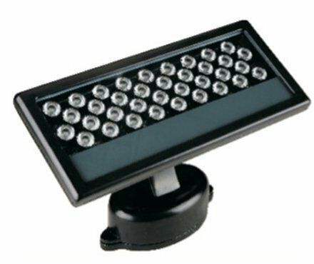 Black LED flood light with multiple bulbs, angled upwards on a swivel base.