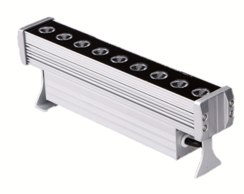 Silver LED light fixture with nine circular lights, a rectangular body, and a mounting bracket.
