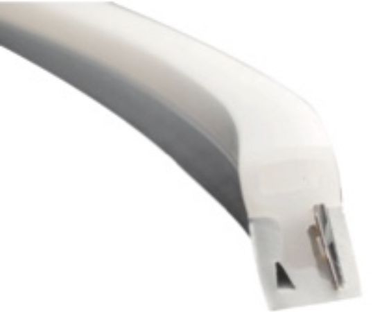 Curved metal device, possibly a medical instrument, with a clear tip and visible internal components.