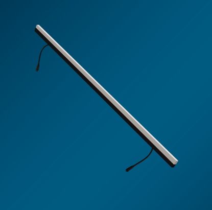 A long, white LED light bar with two wires against a blue background.