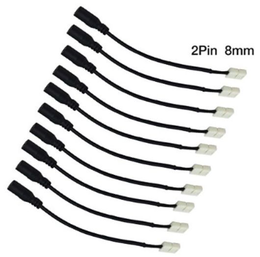 Ten black and white 2-pin, 8mm wire connectors arranged in a fan shape.