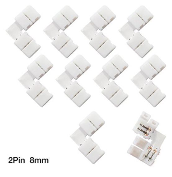 White 2-pin 8mm LED strip connectors arranged in a group; close-up shows internal pin contacts.