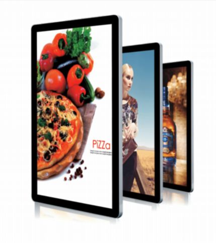 Three digital displays showing food, a woman, and a bottle; all with black frames.