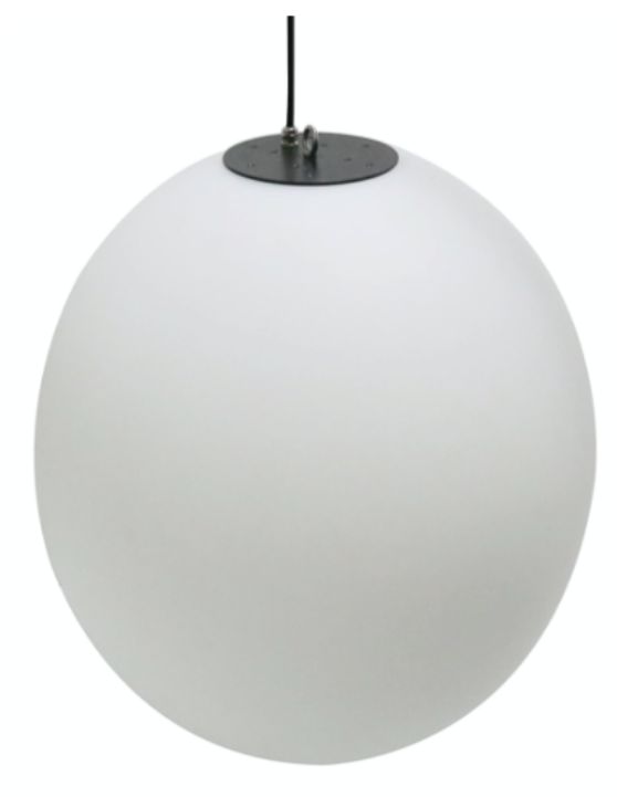 White spherical pendant light hanging from a black cord and mount.