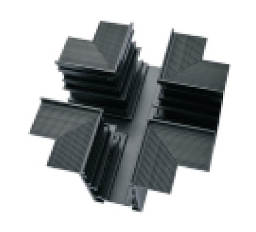 Dark gray modular building blocks assembled in a star-like shape.