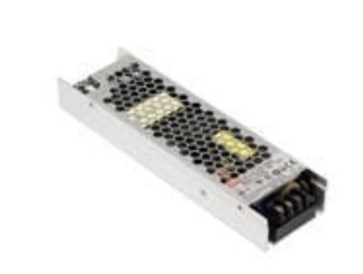 Silver rectangular power supply with ventilation holes. Black terminal block on the end.