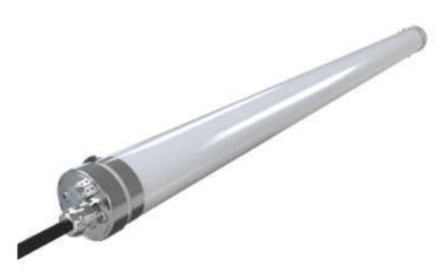 White cylindrical antenna with attached black cable.