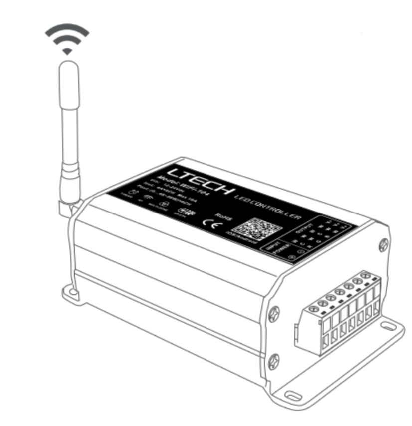 Wireless LED controller with antenna and terminal block.