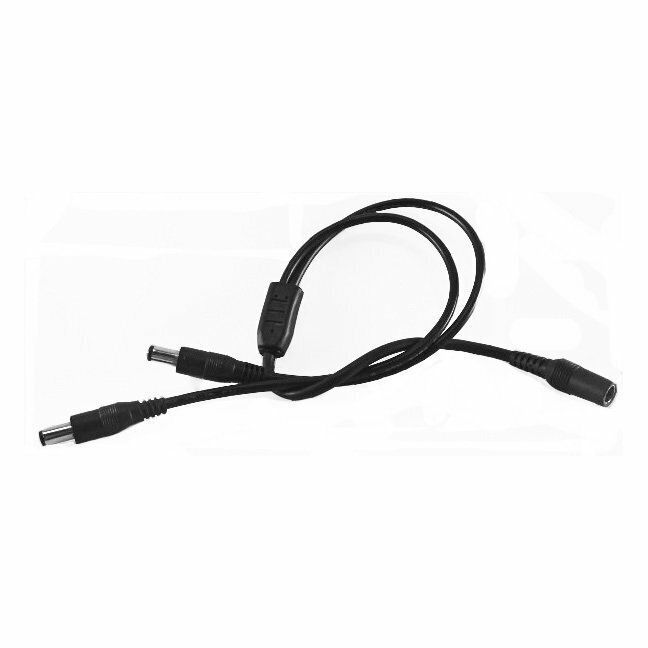 Black DC power splitter cable, one male end splits into two female ends.