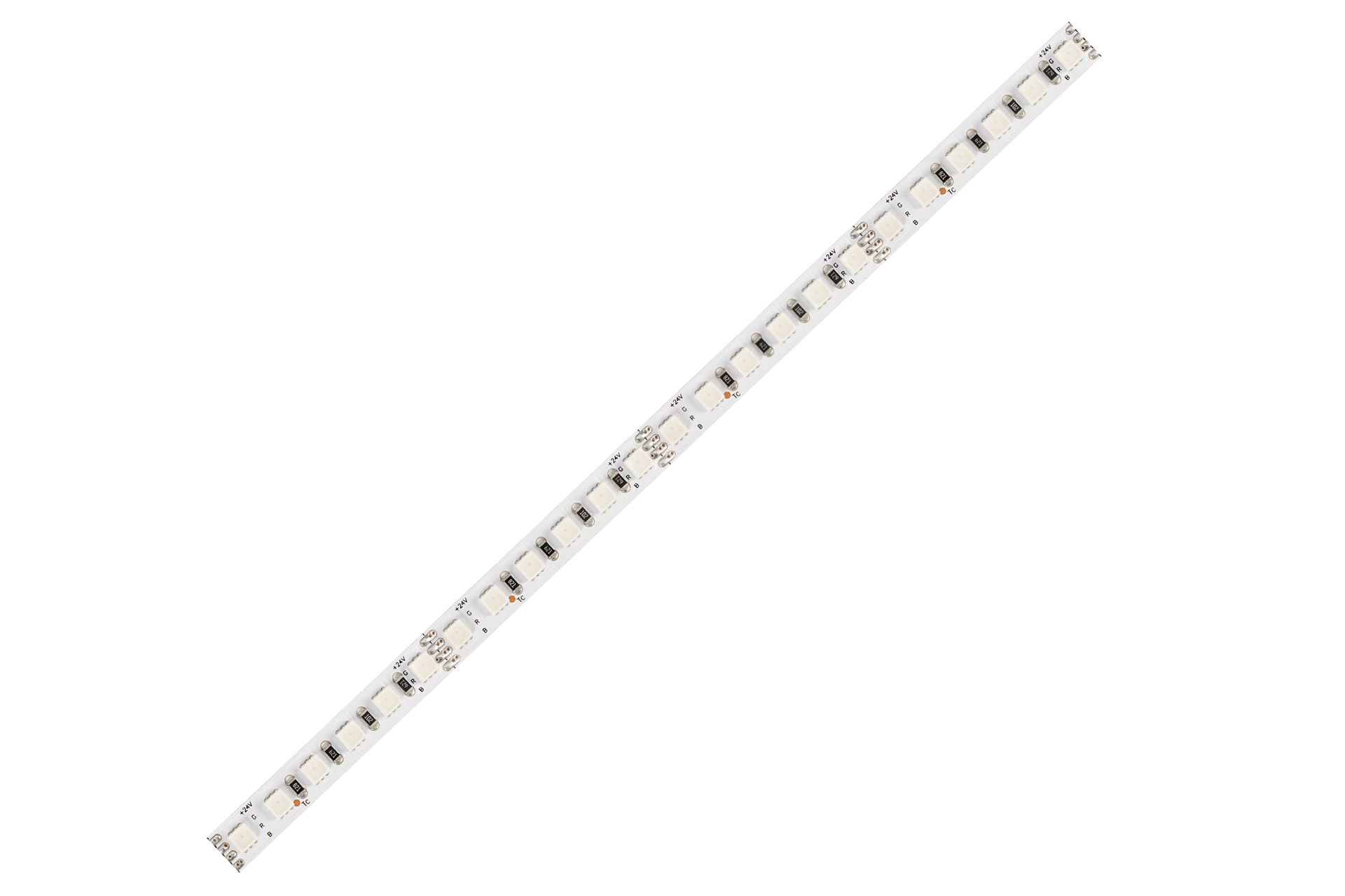 LED light strip rolled up with adhesive backing, white background.