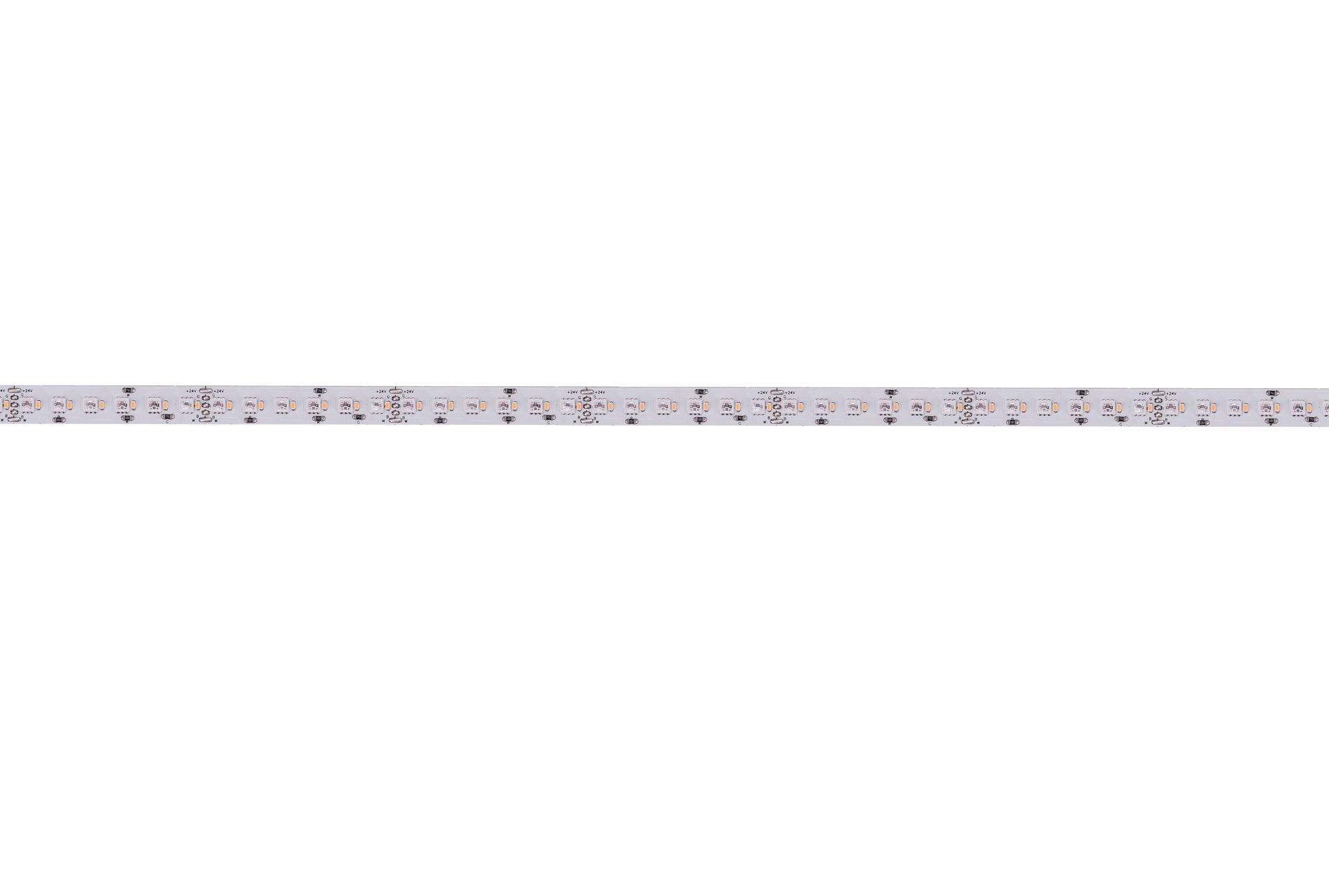 LED light strip coiled on a white surface, showing small, bright lights and adhesive backing.