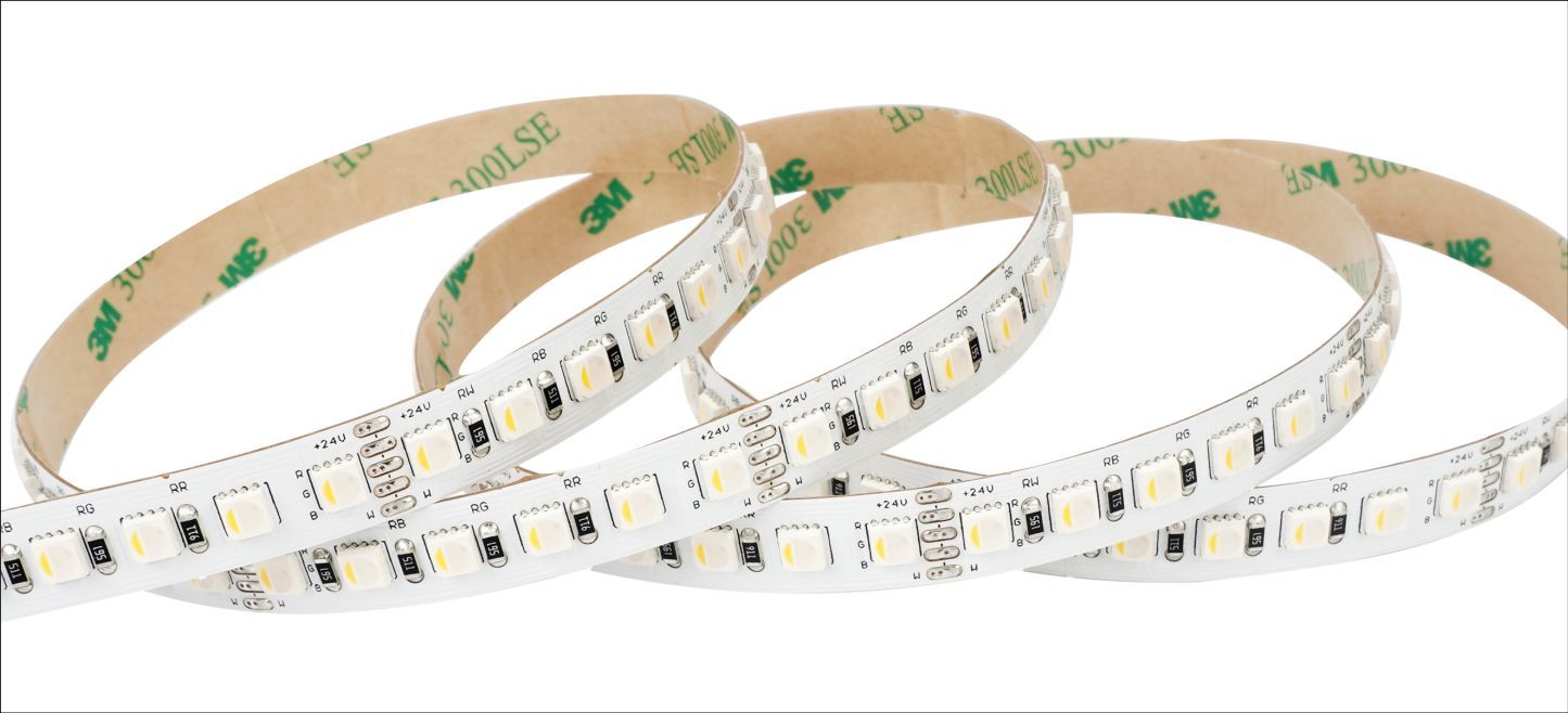 LED light strip with adhesive backing, rolled into loops.