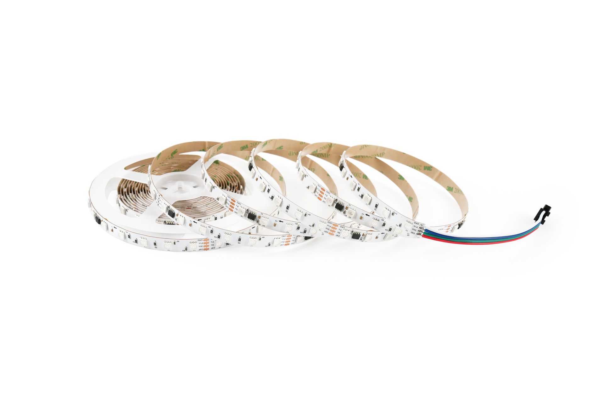 LED light strip coiled, white with small black lights, and colored wires at the end.