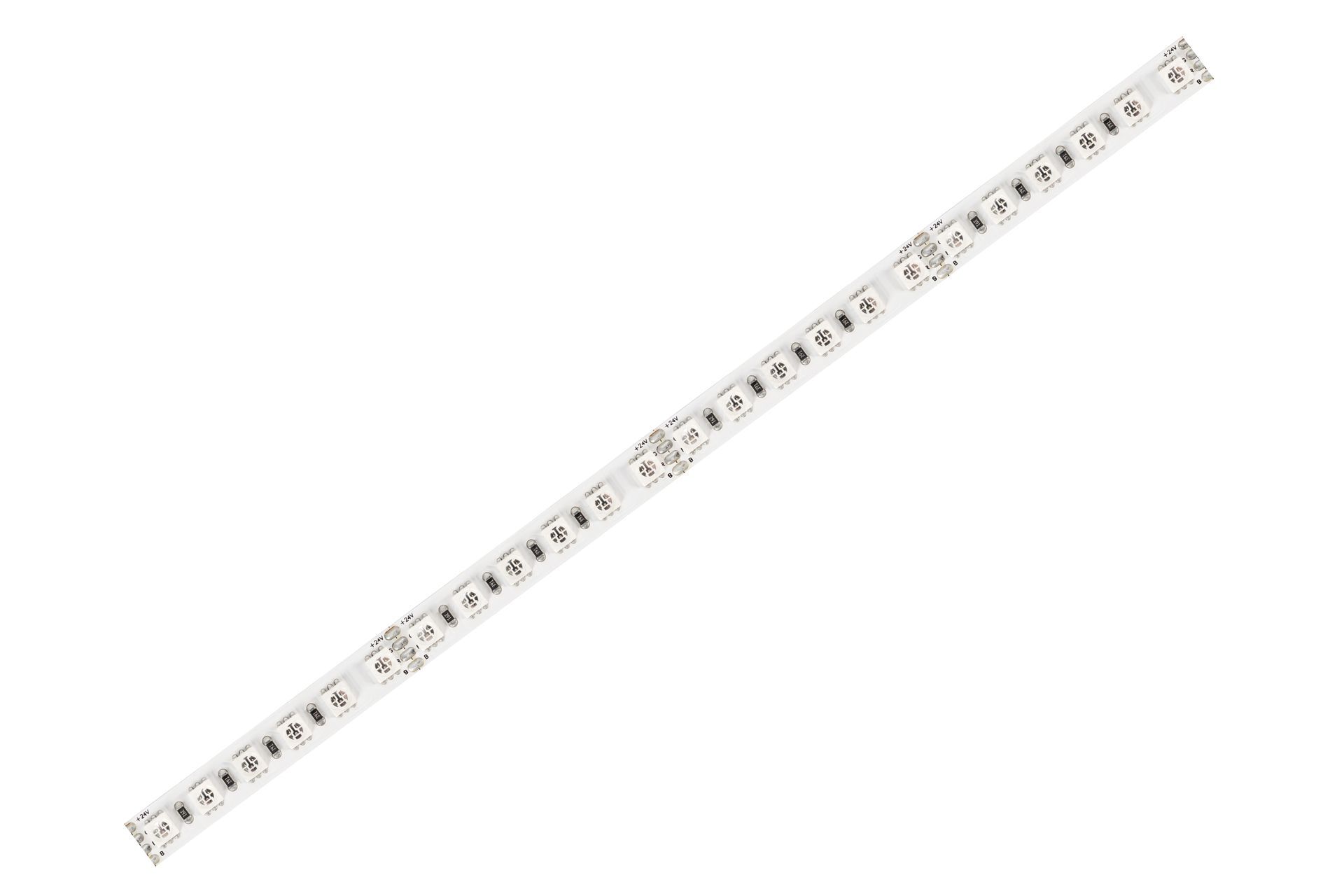 LED strip light, white with adhesive backing, coiled on a white surface.