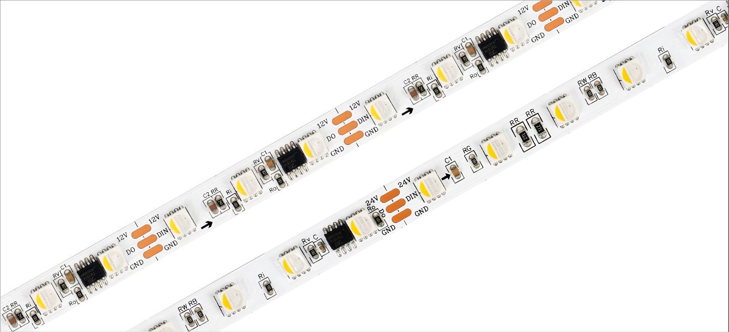 Two strips of LED lights with evenly spaced components against a white background.