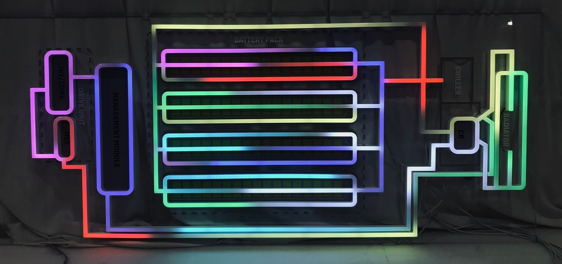 A neon sign with a rainbow of colors is hanging on a wall.